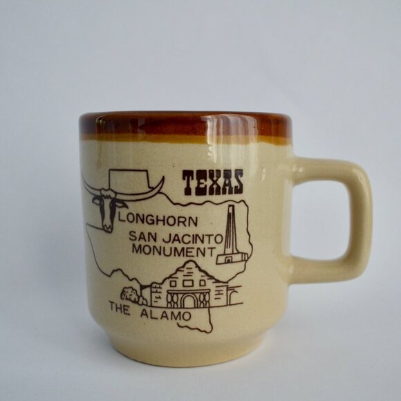 Vintage Texas Japan Coffee Mug Longhorn San Jacinto Alamo Brown - Picture 1 of 7